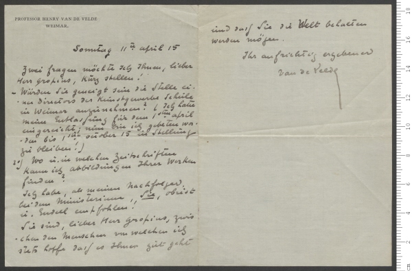Brief von Henry van de Velde an Walter Gropius