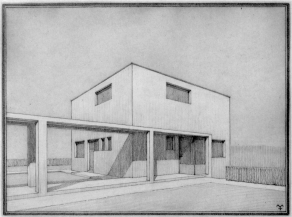 Einfamilienhaus für die Bauhaus-Siedlung, Perspektive der Eingangsseite