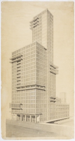 Einsendung zum Wettbewerb für ein Bürogebäude der Chicago Tribune, Chicago, Perspektive des Tribune Tower von Südwesten