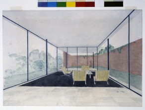 Haus Ceph, Hofhausentwurf aus dem Unterricht von Ludwig Mies van der Rohe, perspektivische Ansicht des Wohnraumes