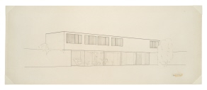 Haus Ceph, Hofhausentwurf aus dem Unterricht von Mies van der Rohe, perspektivische Außenansicht